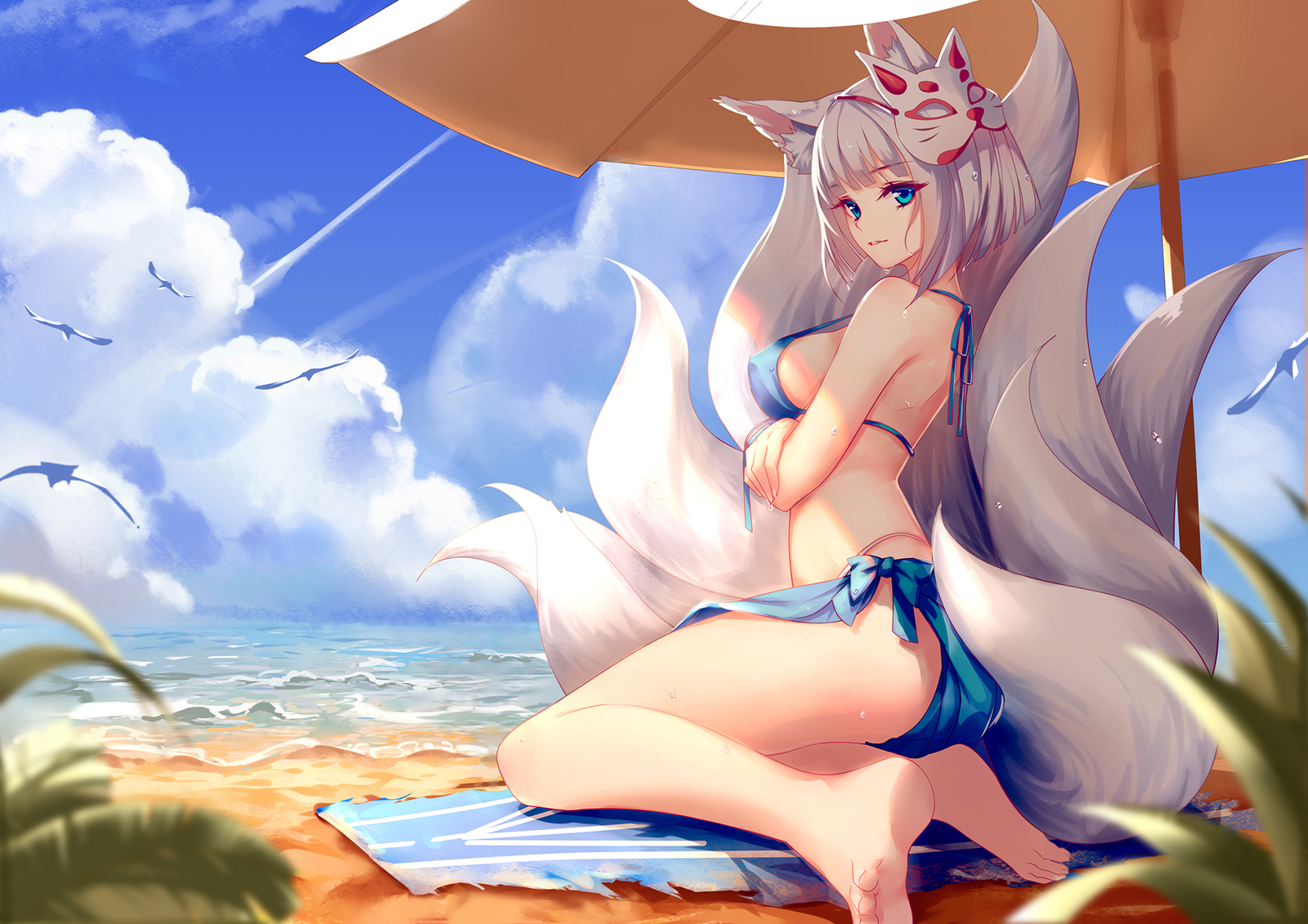 Anime art - NSFW, Anime Art, Аниме, Azur Lane, Kaga, Купальник, Кицунэ