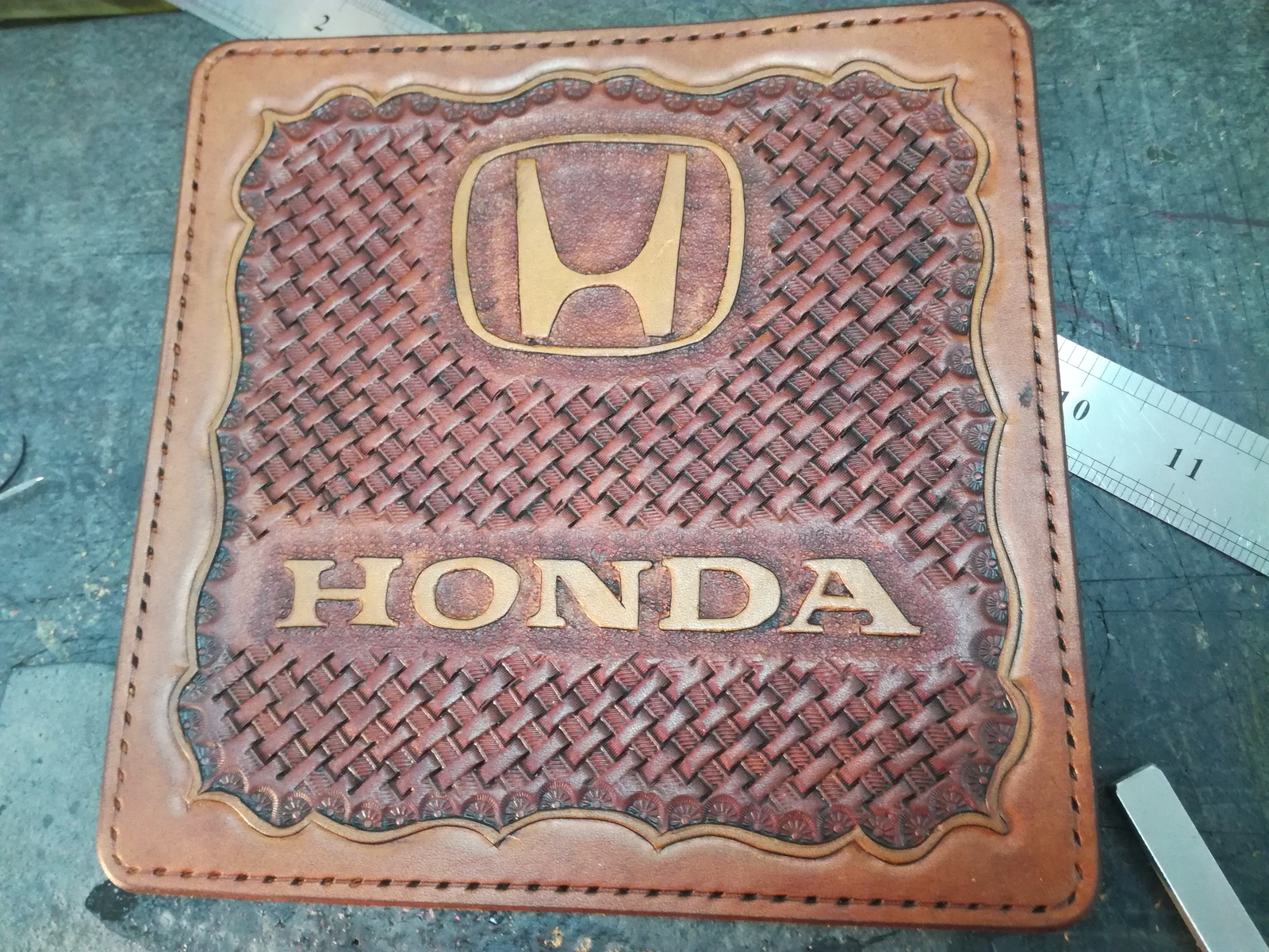 Purse with Honda logo - My, Leather, Handmade, Handmade, Longpost, Wallet, Needlework, Leather products, Leather