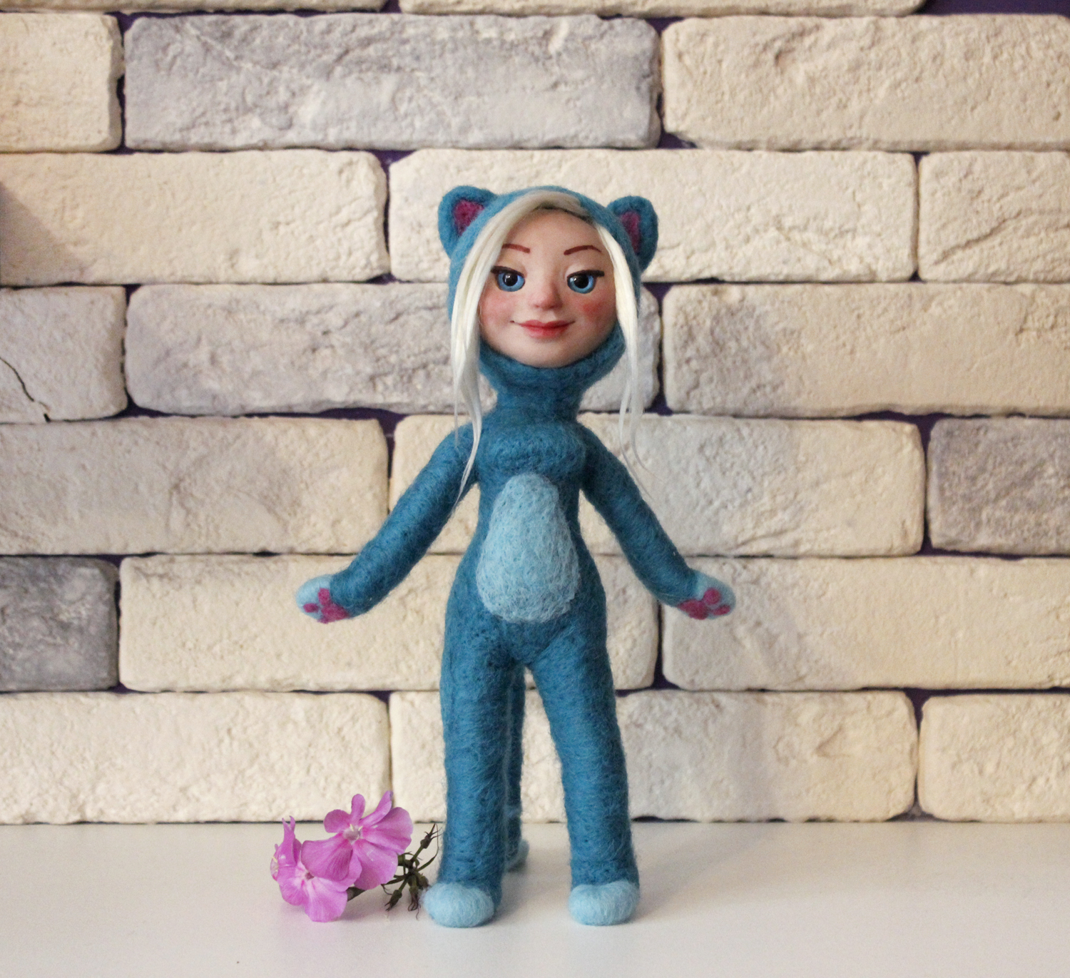 Felted girl in a cat costume - My, Needlework, Doll, Handmade, Dry felting, Wallow, Toys, cat, , Longpost