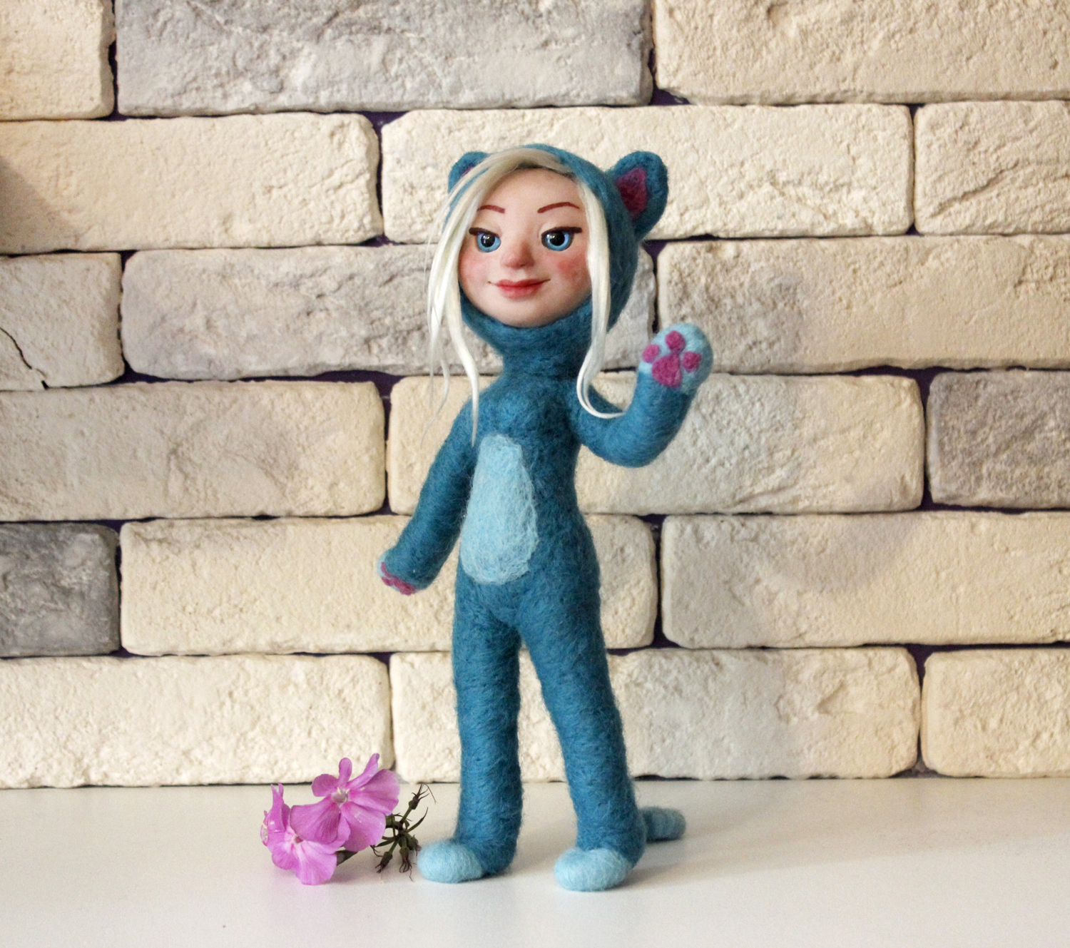 Felted girl in a cat costume - My, Needlework, Doll, Handmade, Dry felting, Wallow, Toys, cat, , Longpost