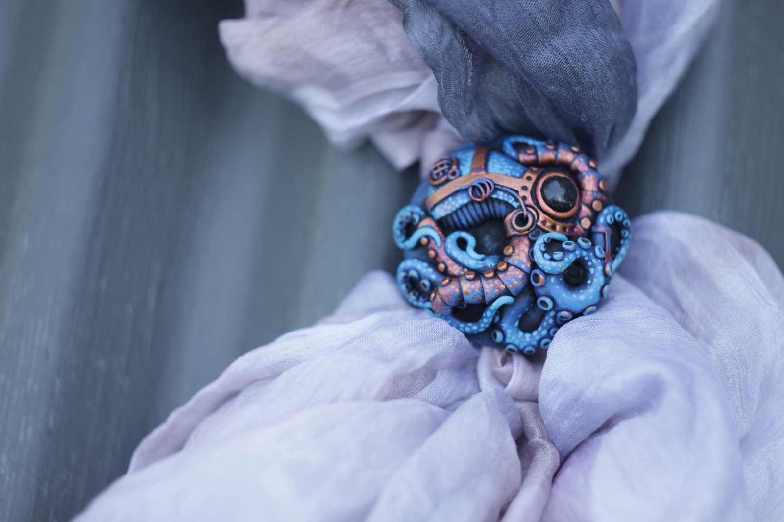 Scarf clip octopus, biomechanics style. - My, Octopus, Polymer clay, Handmade