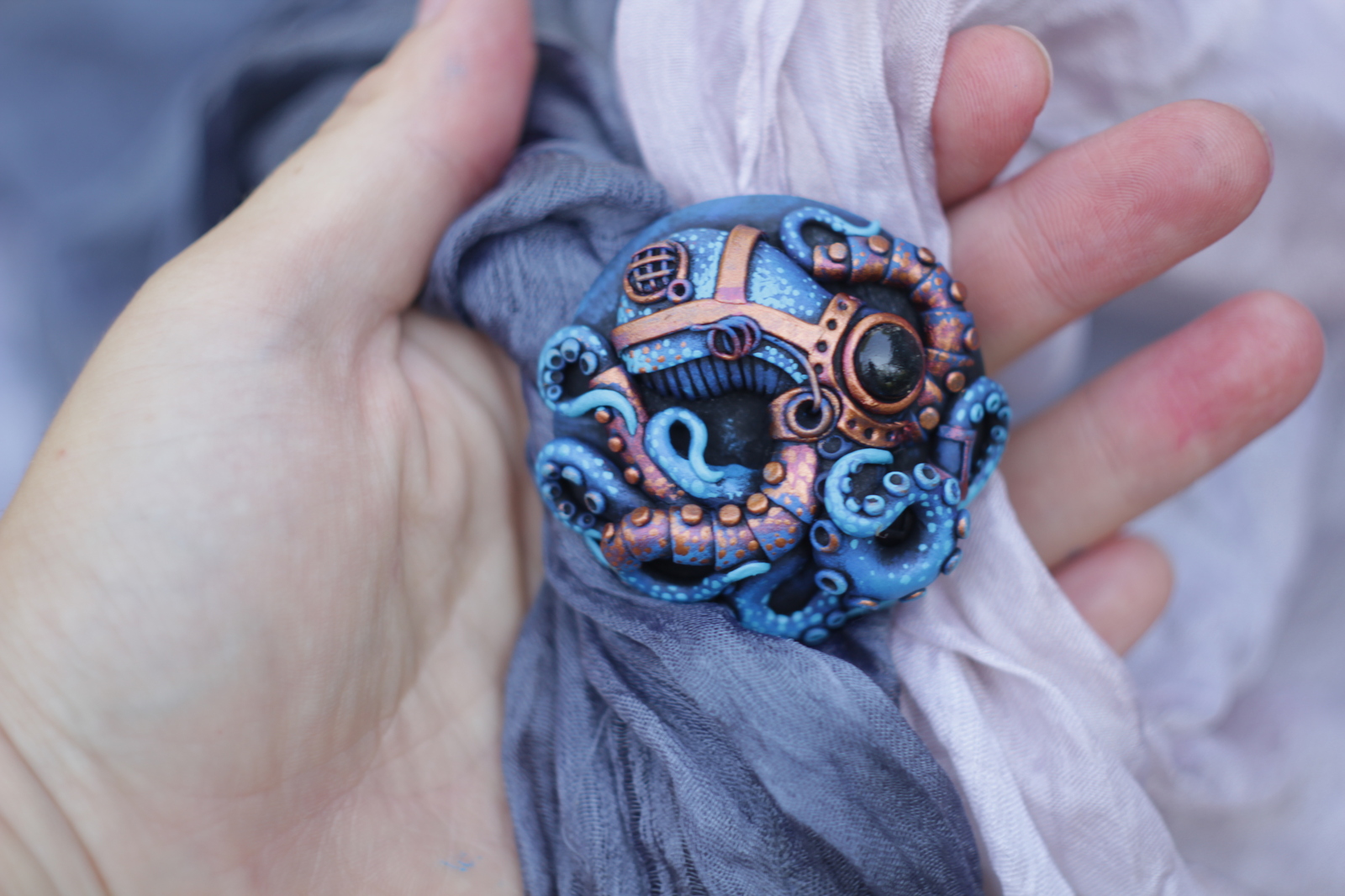 Scarf clip octopus, biomechanics style. - My, Octopus, Polymer clay, Handmade