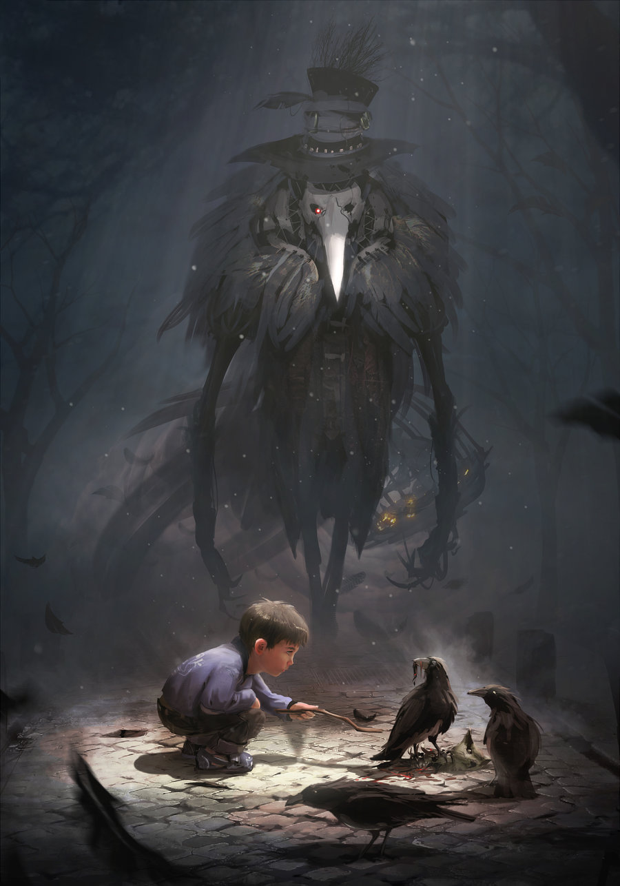 Thevan and the raven monster - Art, Drawing, Ptitvinc, Children, Boy, Crow, Monster