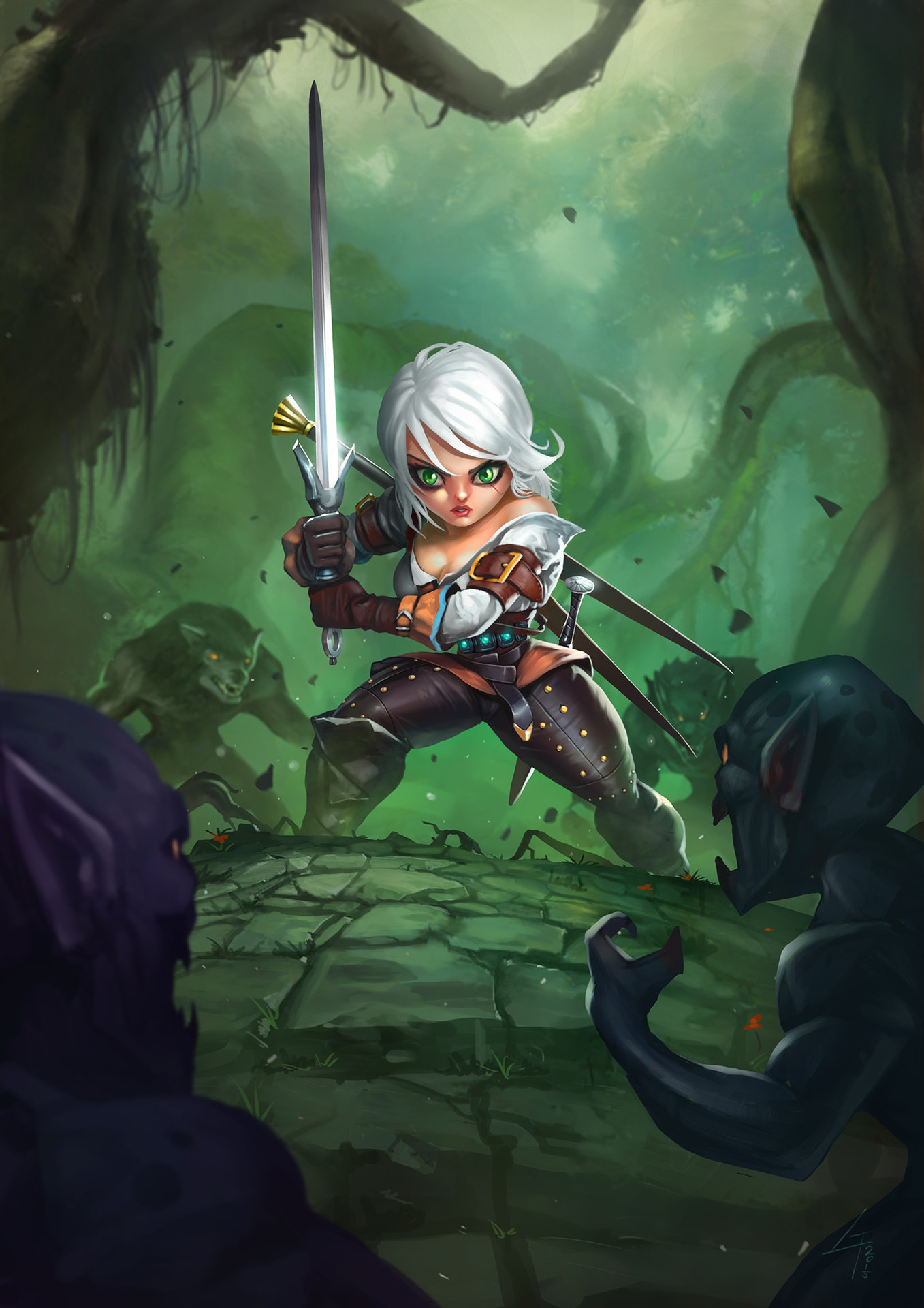 Enemies all around! - Ciri, Witcher, Werewolves, , Chibi