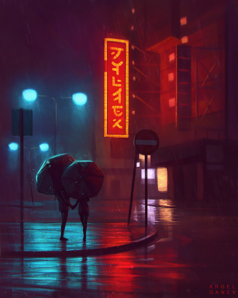 City Night - Art, Drawing, Rain, Angel Ganev