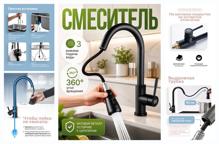 Смеситель для кухни черный Acquedotto, кран для мойки с гибким изливом, кухонный смеситель из нержавеющей стали