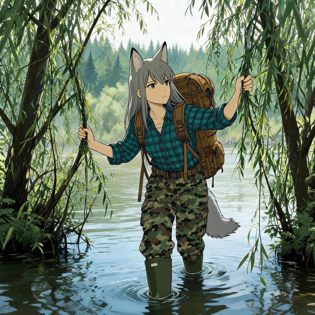 Helga and the Big Water - Anime art, Longpost, My, Art, Anime, Girls, Autumn, Hike, Animal ears, Tail, Kitsune, The mountains, Flood, Original character, Neural network art, River, Ginger & White, Neural Network Content, Series Ginger and Winter
