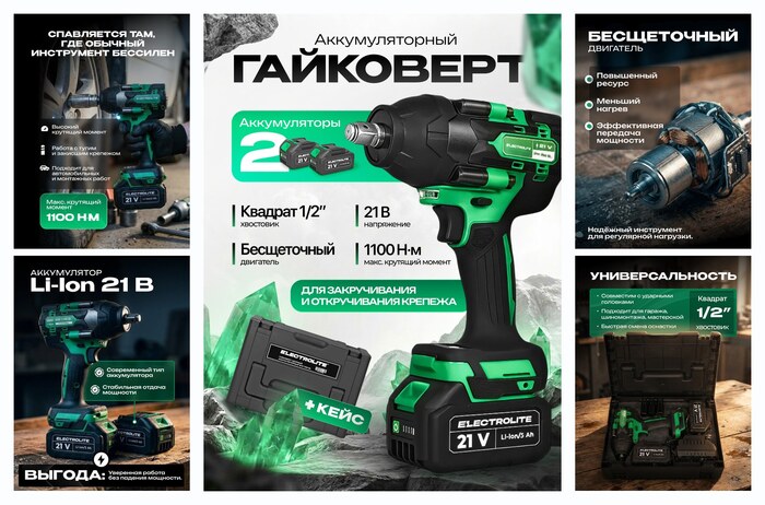 Гайковерт аккумуляторный Electrolite BIW 1100 BL ( бесщеточный, 0-3300 об/мин, 1100 Нм )