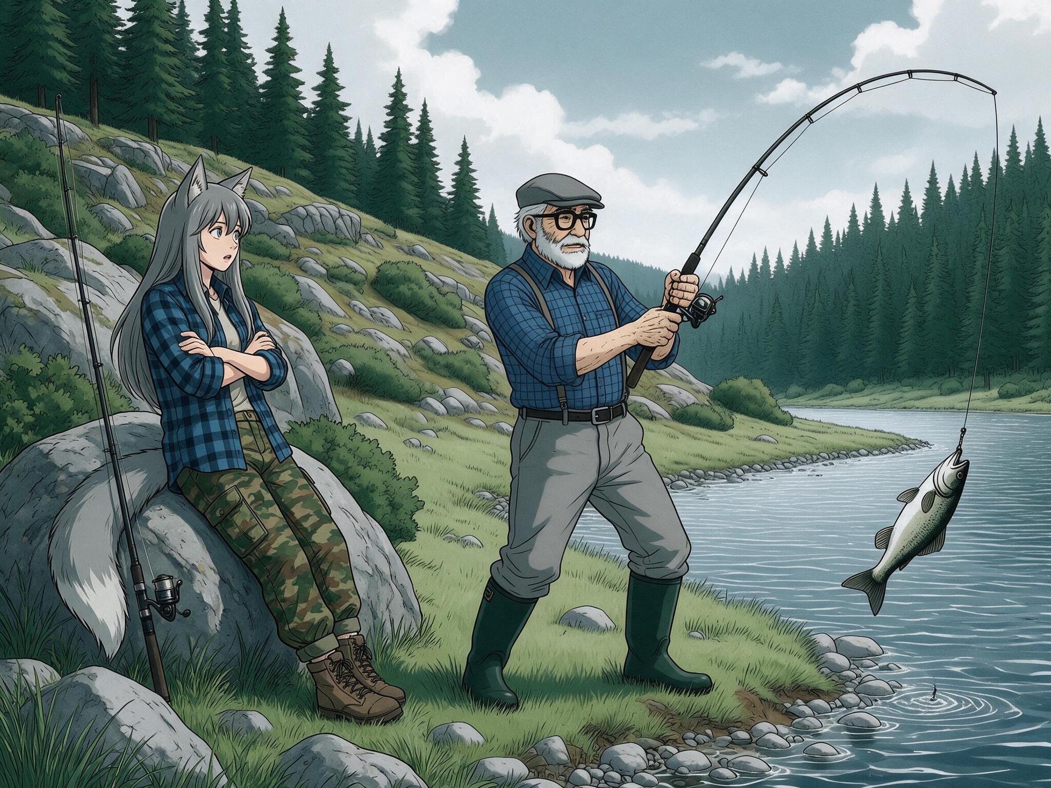 Helga and the Big Water - Anime art, Longpost, My, Art, Anime, Girls, Autumn, Hike, Animal ears, Tail, Kitsune, The mountains, Flood, Original character, Neural network art, River, Ginger & White, Neural Network Content, Series Ginger and Winter