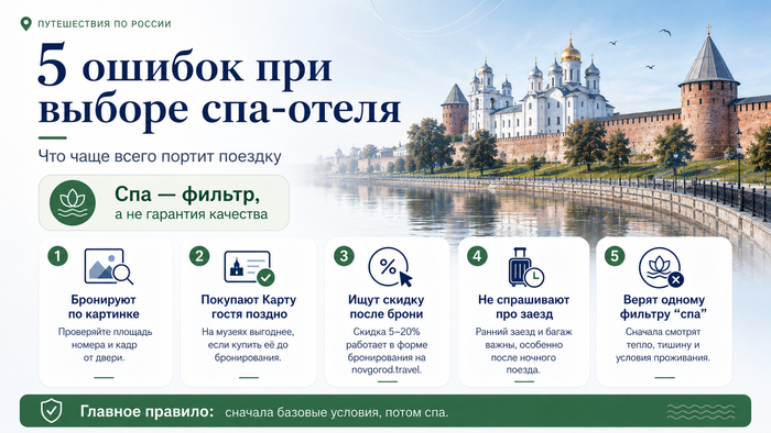 Самые частые ошибки — выбор по фото, поздняя покупка Карты гостя, попытка получить скидку после брони, игнорирование условий заезда и слепая вера фильтру «спа».