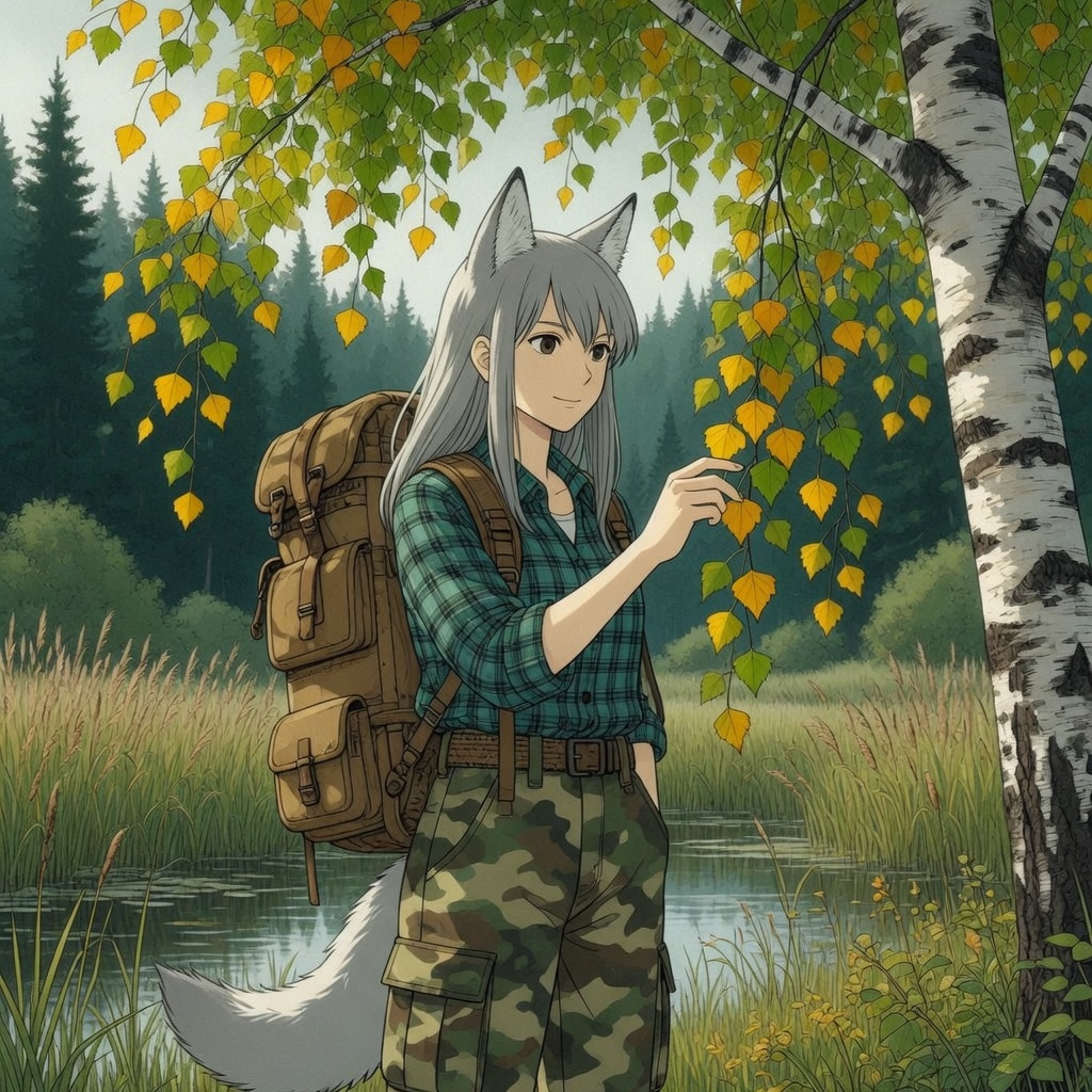 Helga and the Big Water - Anime art, Longpost, My, Art, Anime, Girls, Autumn, Hike, Animal ears, Tail, Kitsune, The mountains, Flood, Original character, Neural network art, River, Ginger & White, Neural Network Content, Series Ginger and Winter
