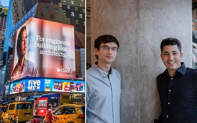 Слева направо: цифровой рекламный щит компании Anthropic's Claude AI на Таймс-сквер, Нью-Йорк, 20 июня 2026 г. (Брайан Логан/iStock); основатели Decart Дин Лейтерсдорф (слева) и Моше Шалев. (Амит Элкайам)
