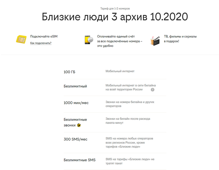 Тариф включает в себя безлимитный интернет на всей территории России, 1000 мин/мес, 300 смс/мес.