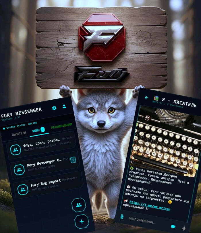 На скринах ранняя версия приложения Fury Messenger 0.97, а мой канал только открылся. Сейчас мессенджер достиг версии 0.9973, а я нашел там уже более 60 читателей. :)