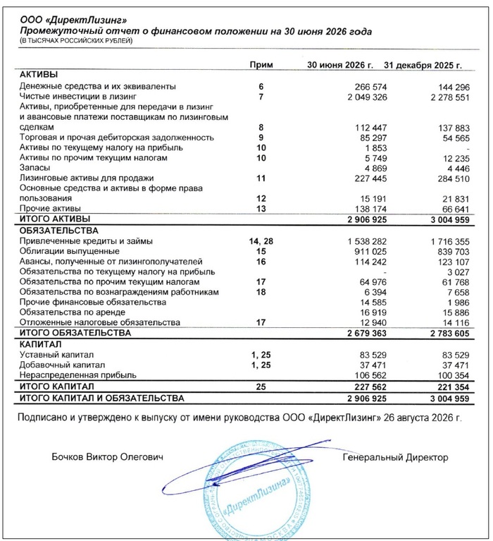 Источник: Отчет ООО «ДиректЛизинг» по МСФО за 6 мес. 2026