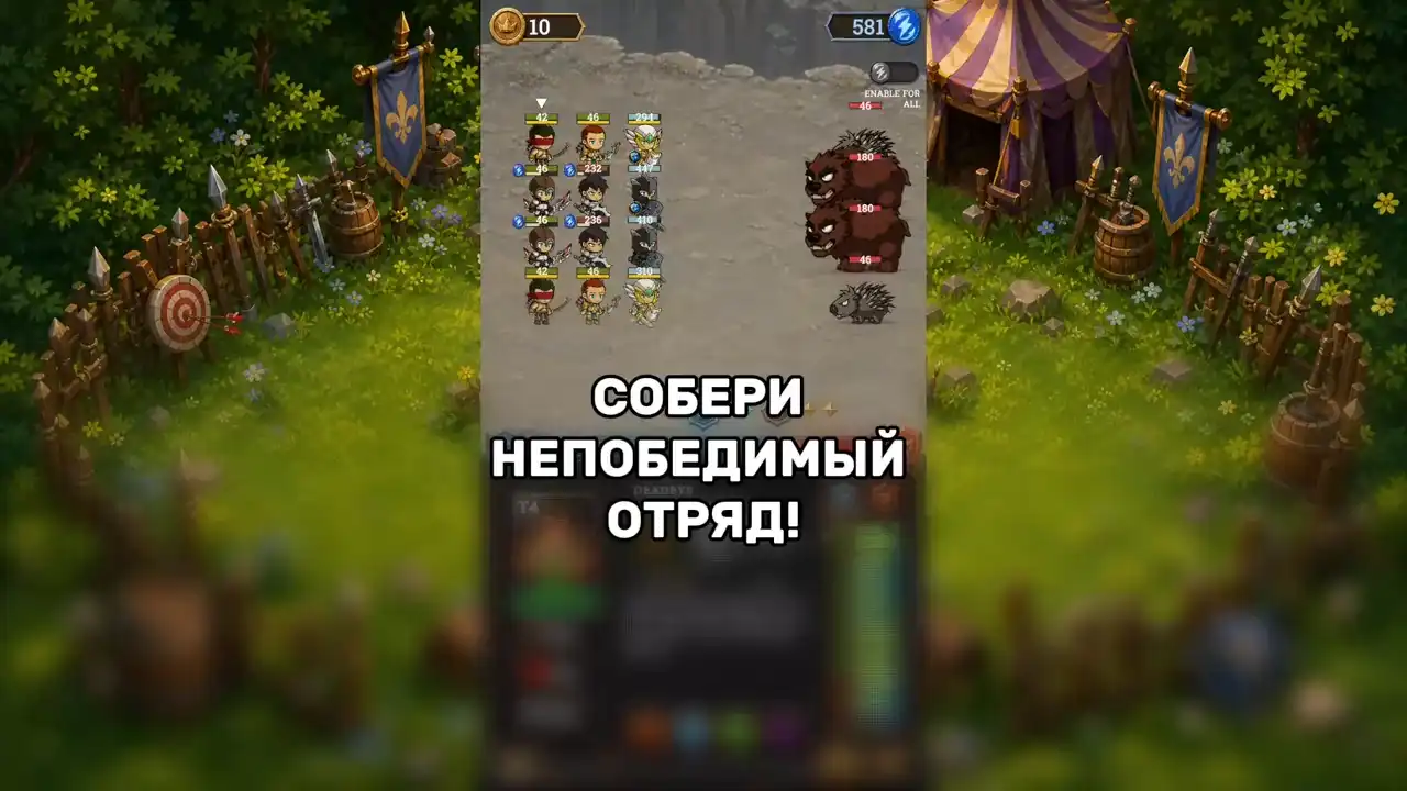 Тактическая RPG о героях, построении отряда и сражениях с волнами монстров. Нанимайте бойцов, развивайте классы и проходите кампании. (видео 1)