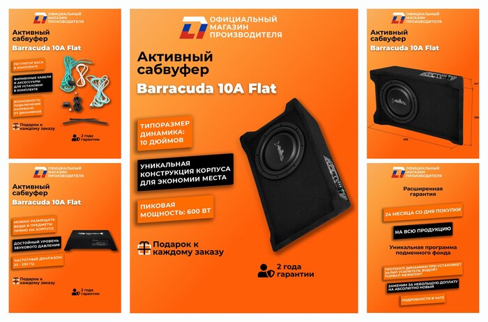 Cабвуфер активный автомобильный DL Audio Barracuda 10A Flat 25см
