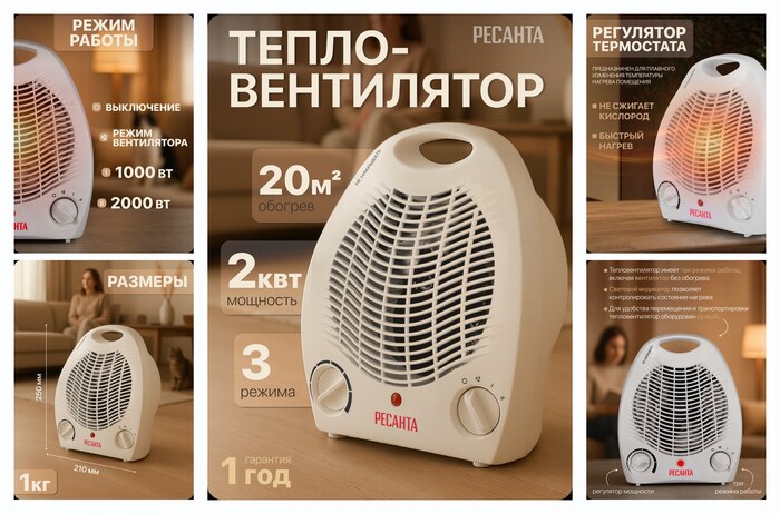 Обогреватель электрический, тепловентилятор Ресанта ТВС-2000, термостат