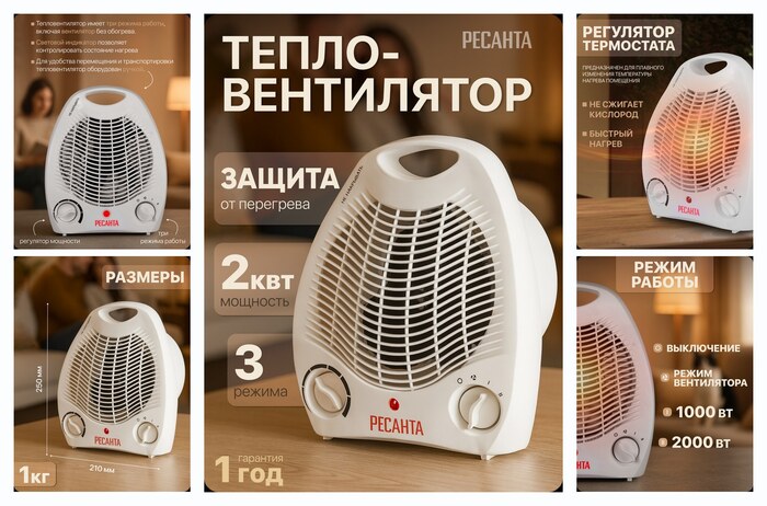 Тепловентилятор, Ресанта ТВС-1, 2 кВт, до 20м2, спиральный, термостат