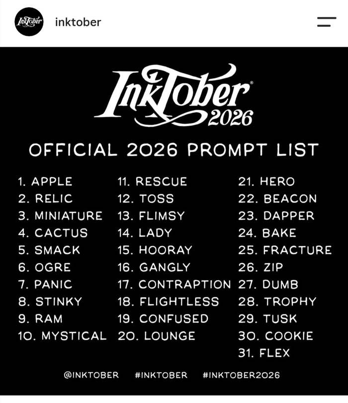 Подробный перевод тем рисовального челленджа Inktober 2026! Ура, товарищи!