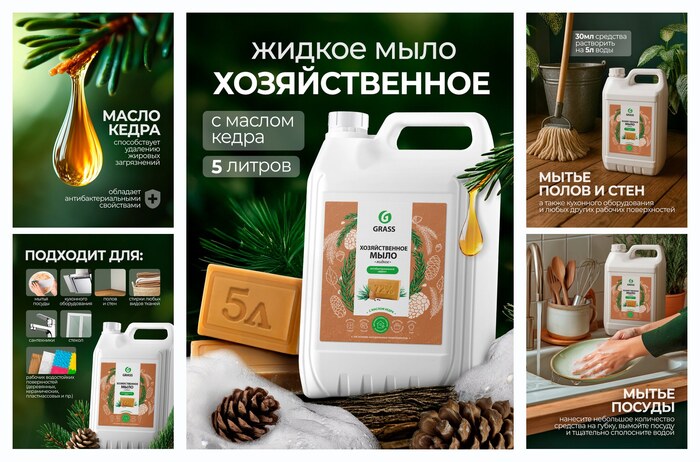 Хозяйственное мыло Grass Milana, с маслом кедра, антибактериальное, 5 л