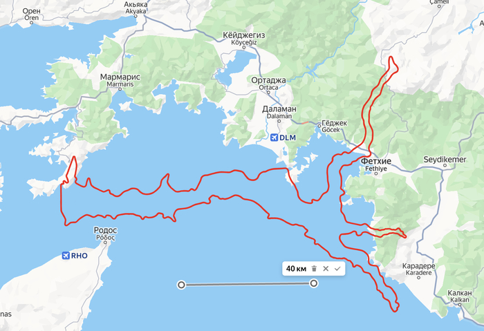 Наглядное сравнение масштабов Горьковского водохранилища и популярного места для яхтинга в Турции (Фетхие-Мармарис-Родос), где я ходил в мае. На море за счёт открытого горизонта расстояния кажутся больше.