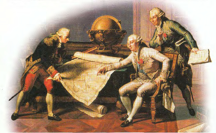 Лаперуз (слева) объясняет маршрут своей экспедиции королю Людовику XVI.