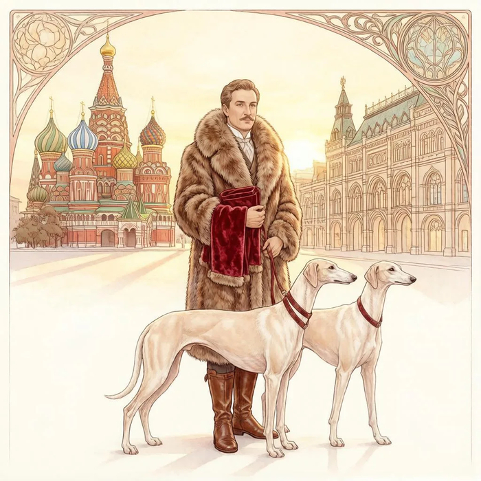 Богатый москвич по мнению Гигачата. Нарисован в стиле Ар-нуво.
