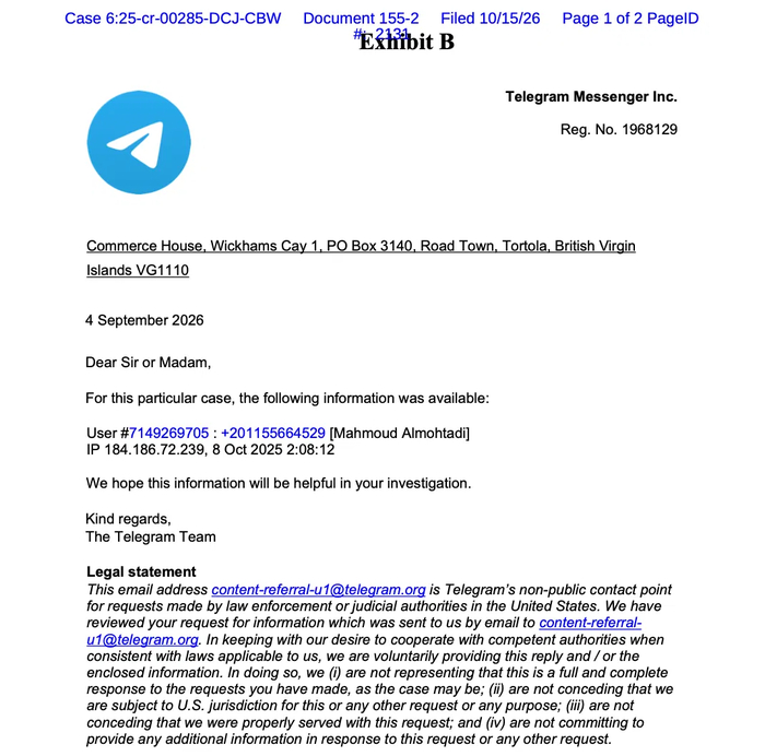 Telegram ����������� ������� ����������� ����� ��������, ������������� �������� � IP-����� ������ �� �������������