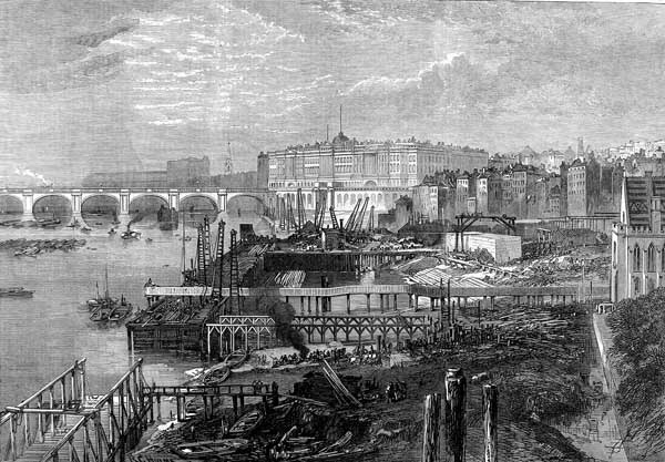 Строительство набережной Виктории у Темпла. Гравюра The Illustrated London News, 4 февраля 1865 года. Неизвестный рисовальщик; Wikimedia Commons.